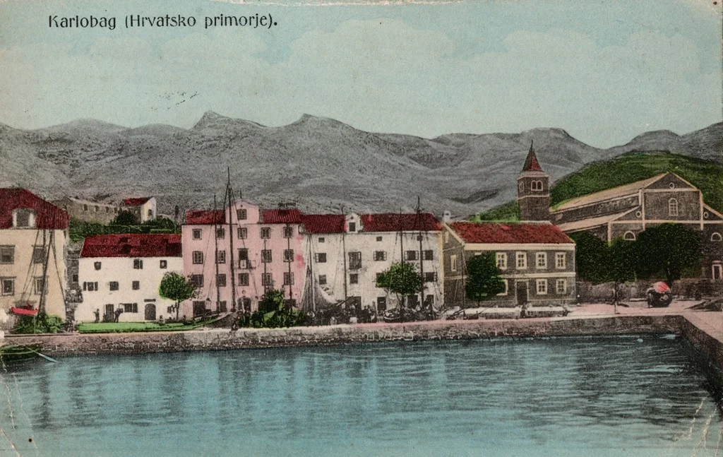 Colorized postcard of the Church of St. Charles Borromeo in Karlobag, 1911