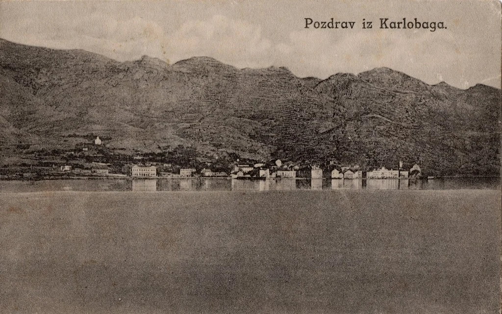 Vintage panorama of Karlobag beneath the Velebit range, around 1910