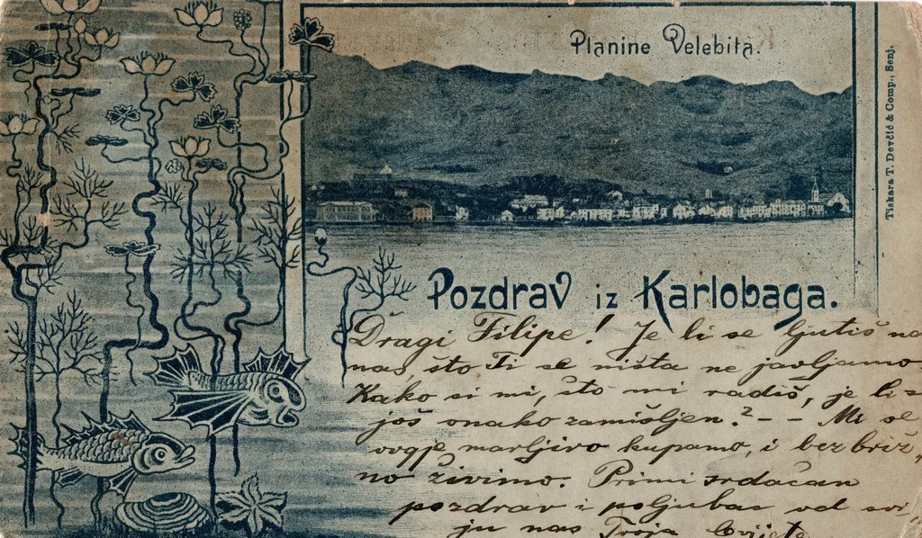 Dekorativna razglednica s panoramskim pogledom na Karlobag i Velebit, oko 1915. godine