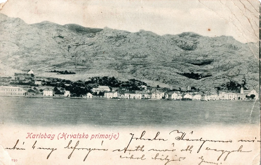 Historical postcard of Karlobag panorama and Velebit mountain, 1907