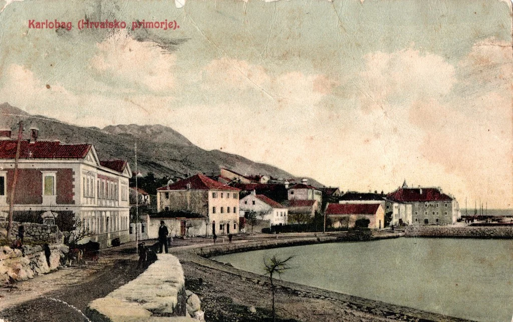 Karlobag public school building and the old harbor, 1913